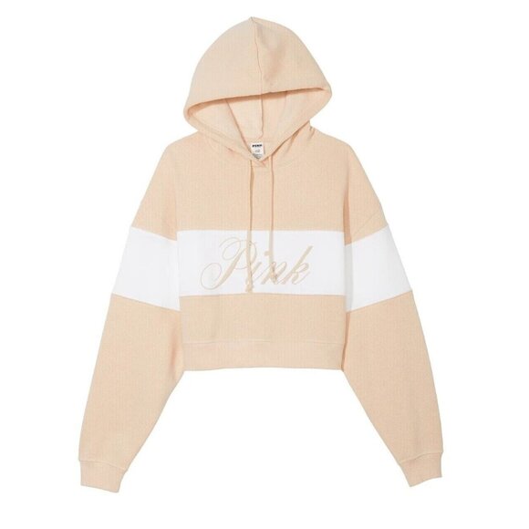 Victoria's Secret Ivy Fleece Cropped Hoodie Beige/White Embossed - Large - Picture 1 of 12